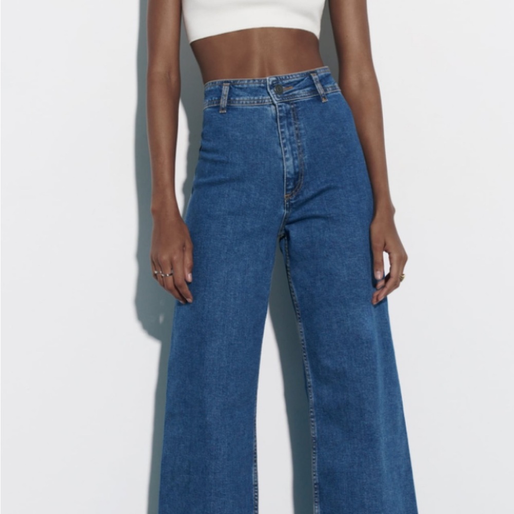 Zara (Marine Straight) Blue Flare Wide Leg Jeans with High Waist